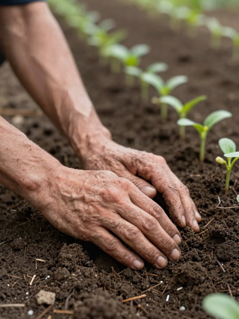 Close-up of weathered hands pressing into dark, fertile soil beside a row of seedlings, north-facing diffused daylight, shallow depth of field — earthy and unhurried, no posed quality
