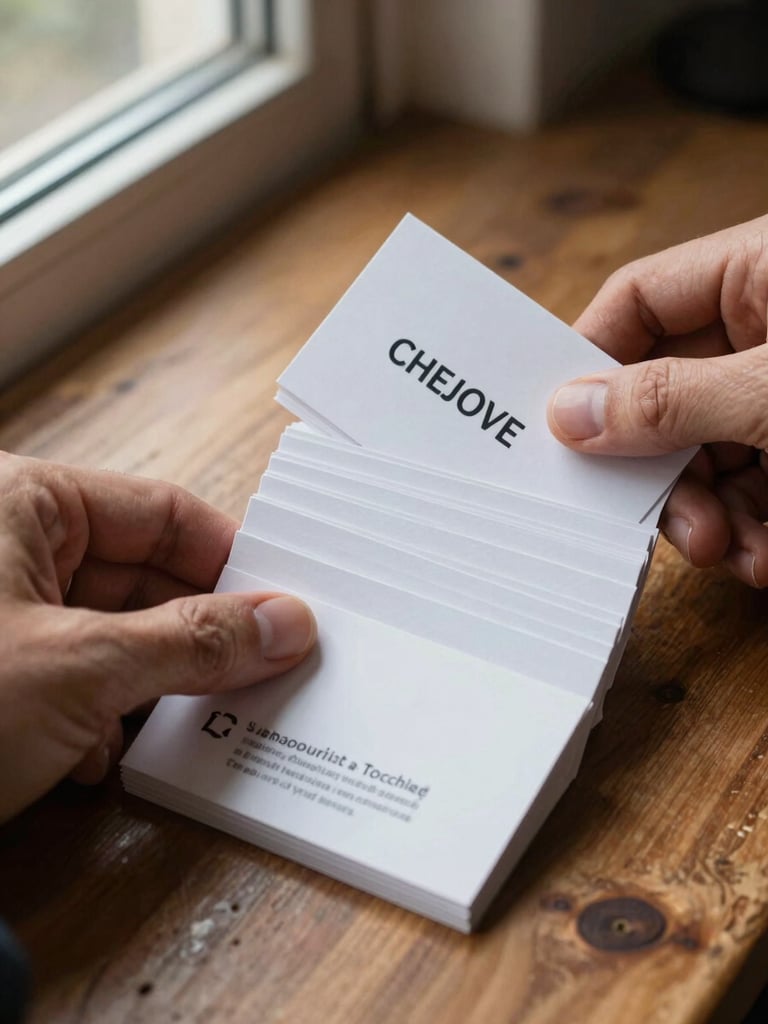 Close-up of a designer's hands fanning a set of finished business cards on a worn wooden desk under north-facing window light, matte and gloss finishes visible side by side, paper texture sharp in the foreground