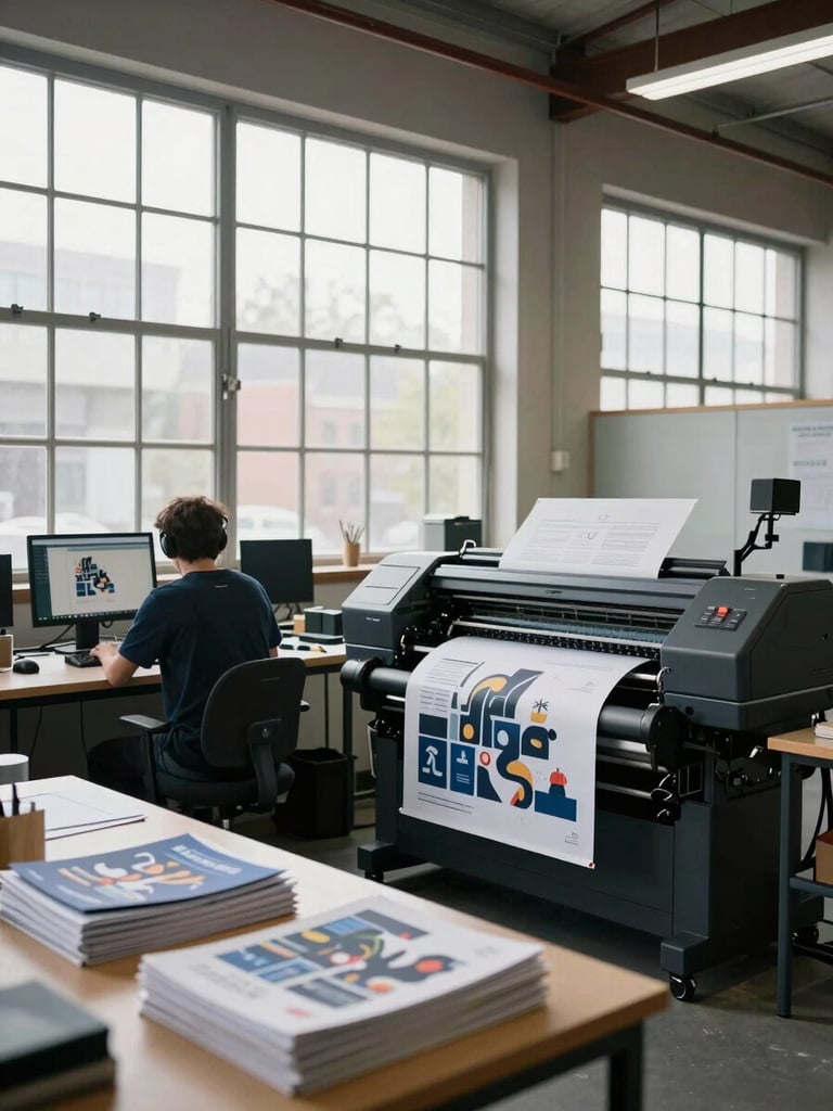 Wide environmental shot of an integrated studio workspace — a designer seated at a monitor on the left, a large-format printer running a banner to the right, north-facing daylight through industrial windows, finished collateral stacked on a side table in the foreground