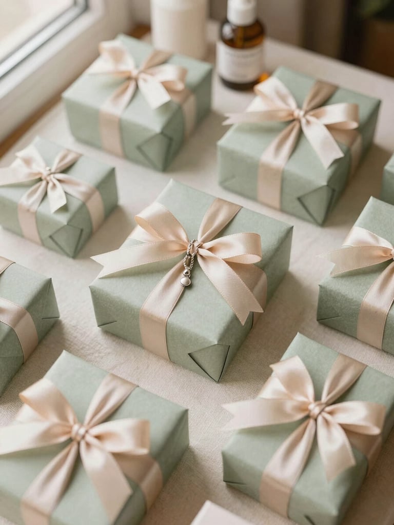 Overhead flatlay of beautifully packaged gift boxes with satin ribbons, delicate silver necklaces, and soft-focus cosmetic bottles on cream linen surface, warm morning light