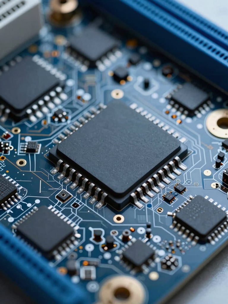 Macro photography of a clean motherboard under cool laboratory light, sharp microchip details, slate and electric blue tones, 50mm