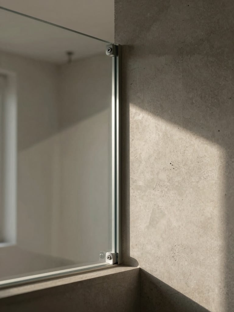 Wide architectural interior, close-up of a custom glass partition corner joint at a residential wall, sharp focus on the aluminum mount and silicone bead detail, natural north-facing daylight revealing material transition between glass and concrete substrate, no people, muted warm gray tones