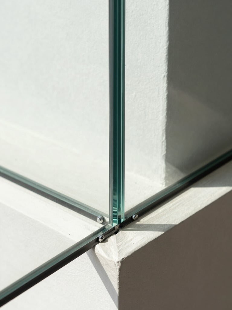Tight architectural close-up of a structural glass panel joint at a wall corner, razor-sharp seam with minimal chrome hardware against white plaster, natural north-facing daylight revealing the glass thickness and edge polish, composed from a 45-degree angle showing the precise material transition