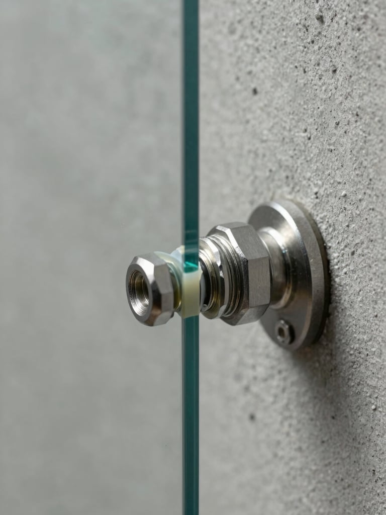Tight 45-degree close-up of a stainless steel spider fitting clamping a tempered glass panel to a concrete wall, the joint gap and silicone bead in sharp focus, muted gray tones, soft overhead studio light revealing the material transition between metal and glass