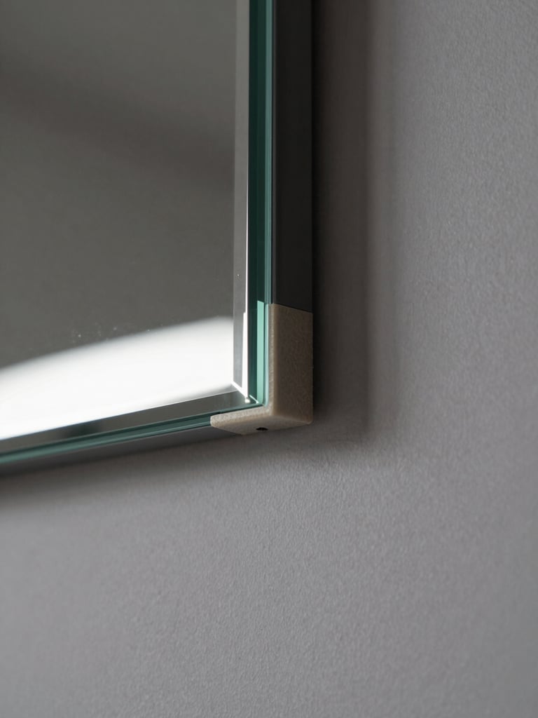 Extreme close-up of a custom mirror corner detail, frameless polished edge meeting a wall-mounted concealed bracket, soft studio light from upper left revealing the precise seam between glass and substrate, muted gray plaster background, no people, tight 45-degree angle showing the mount geometry and backing material transition
