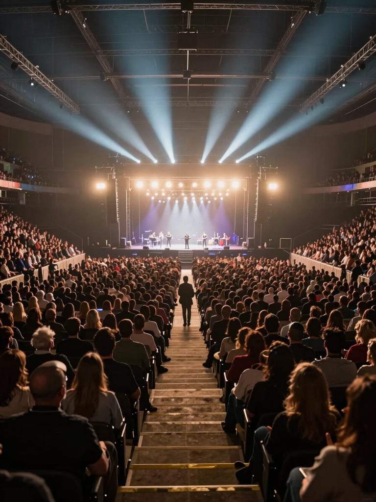 Elevated wide-angle view from the back of an arena looking toward a fully rigged main stage, audience packed floor-to-ceiling in a sold-out venue, dramatic beam lighting cutting through haze above the crowd, stage set fully lit with production trusses visible, practical work-light traces along the aisles