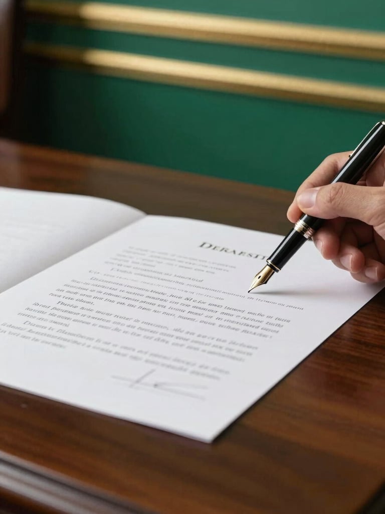 Close-up of a legal deed being signed with a luxury fountain pen on a polished dark wood desk, crisp natural light, focus on the texture of the paper and the pen, subtle emerald and gold accents in the background.
