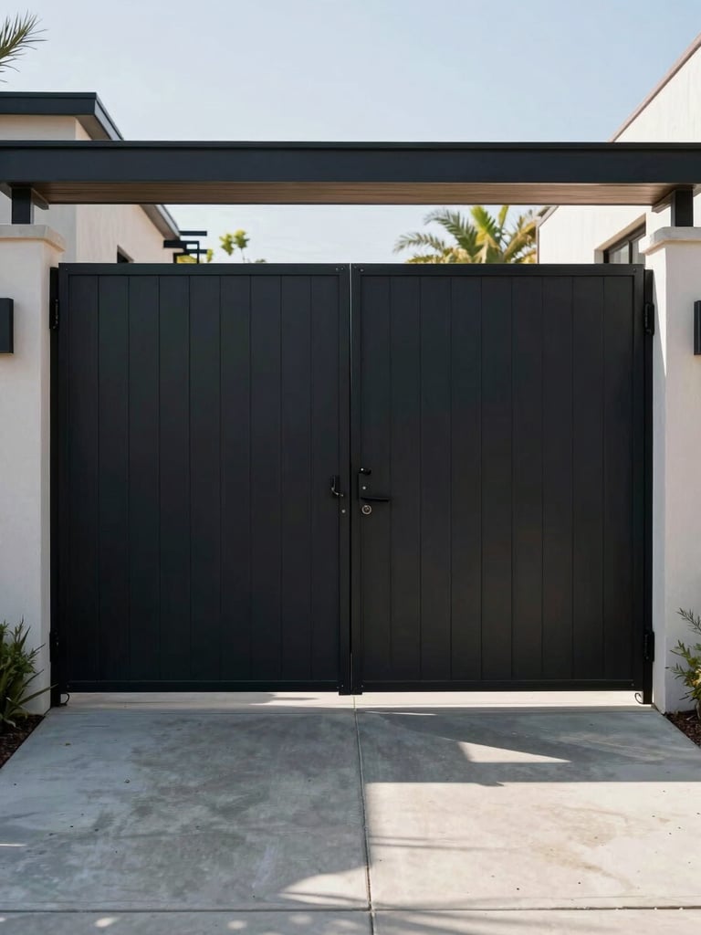Straight-on architectural elevation of a modern black steel estate gate in Los Angeles, sharp California sunlight casting crisp diagonal shadows on a concrete driveway, clean mechanical lines.