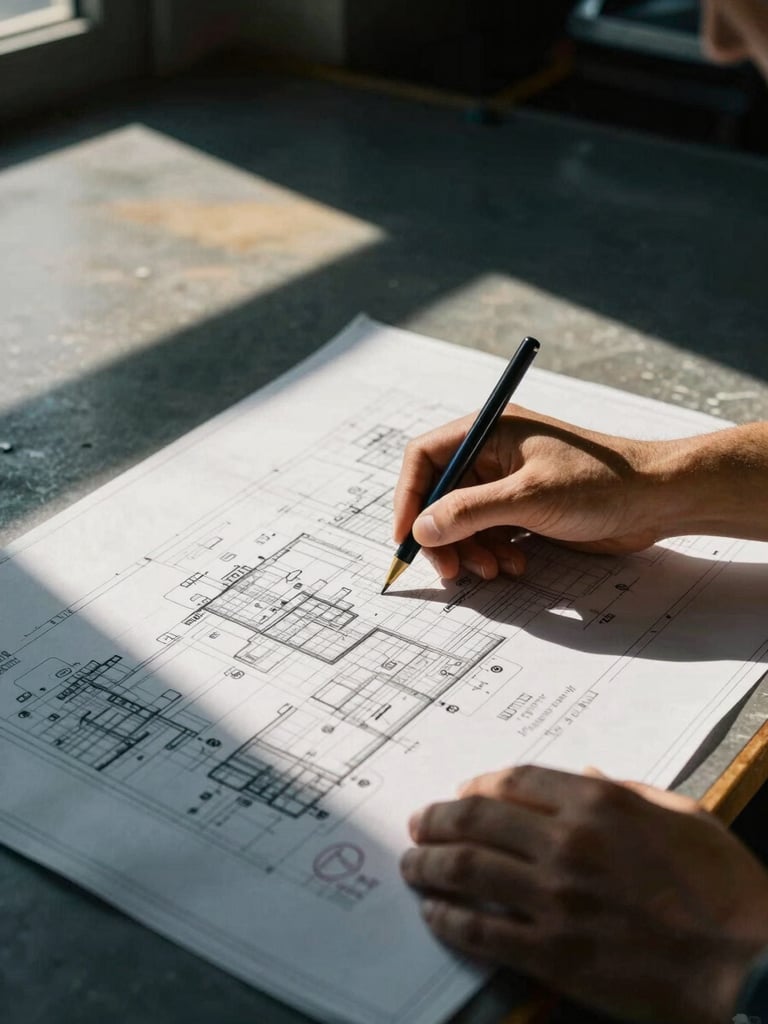 Close-up of hands reviewing technical blueprints on-site, high-contrast natural factory light, deep slate and amber tones, 35mm
