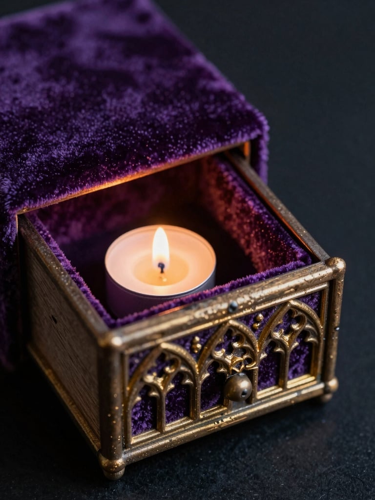 Macro photograph of a tiny, intricately carved gothic miniature drawer lined with aged purple velvet, lit by a single flickering candle, showing microscopic wood grain and gold leaf filigree, 35mm film style.