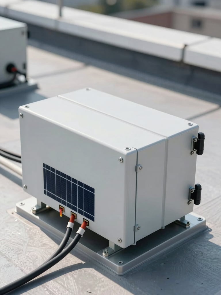Close-up 45-degree angle of commercial solar inverter and electrical conduit runs mounted on a flat rooftop, hard direct sunlight, sharp metallic shadows on white painted equipment housing, no people, visible wire management and junction hardware — technical infrastructure detail emphasizing engineered precision