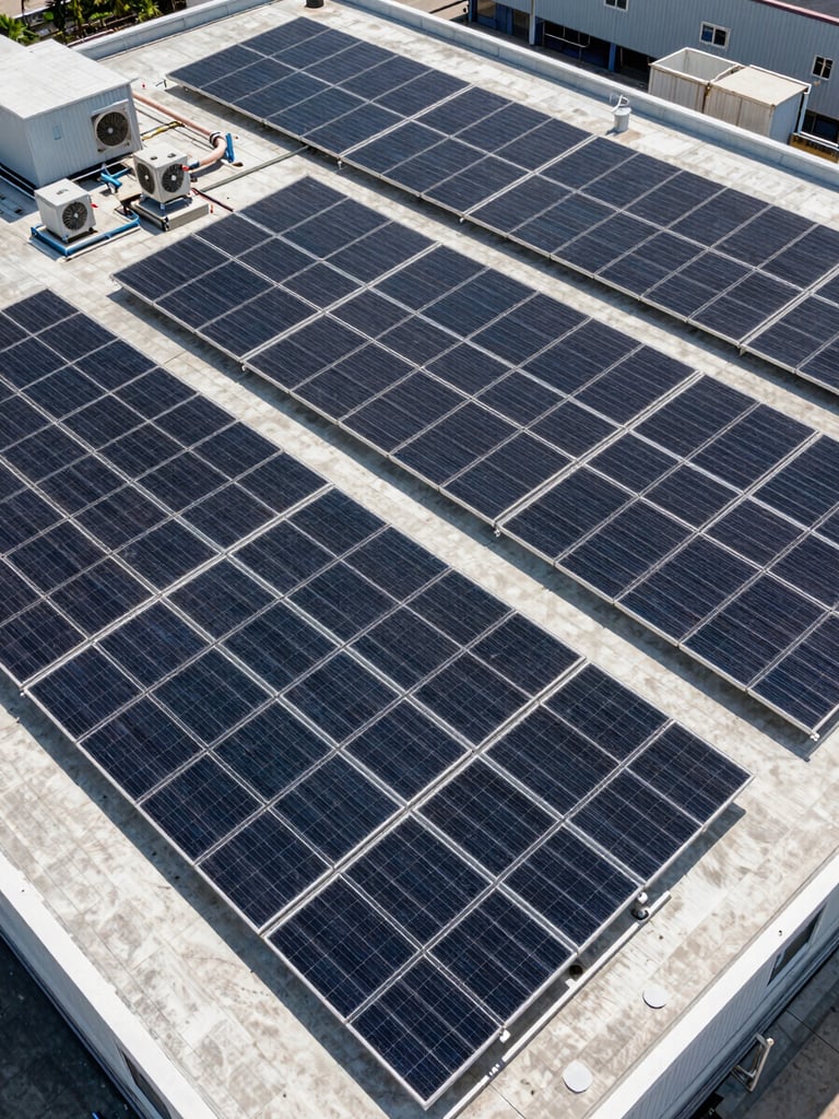 Overhead orthographic view of a large commercial rooftop covered in a dense grid of photovoltaic panels, hard midday sunlight casting sharp geometric shadows across the array, HVAC units and conduit runs visible at the margins, no people, industrial scale apparent from the systematic row geometry