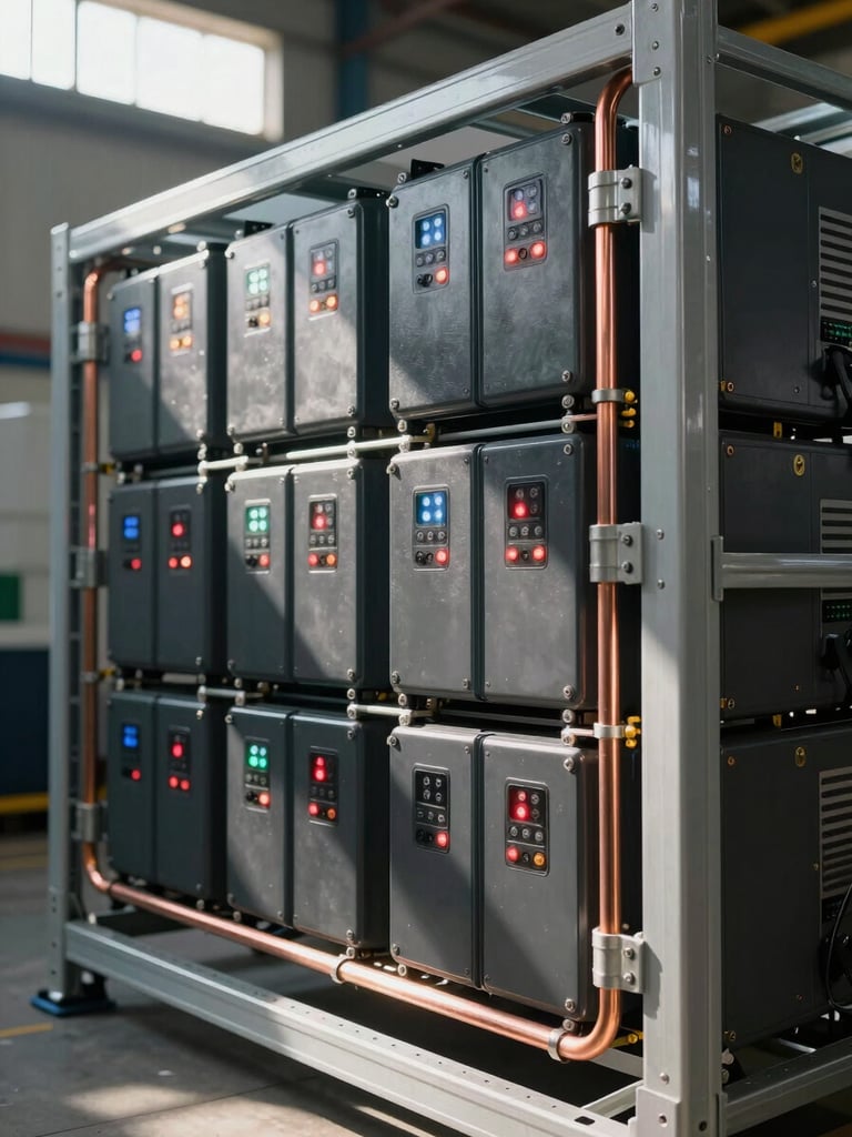 Close-up 45-degree angle of commercial battery storage rack modules in a facility — individual cell modules visible with status indicator LEDs, heavy-gauge copper bus bars and conduit connections in sharp focus, hard daylight from industrial skylights casting defined shadows across the rack face, no people, no soft lighting