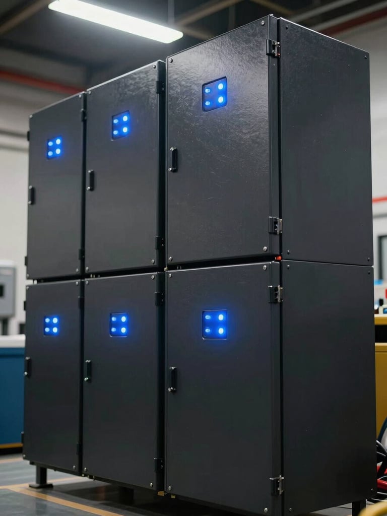 Close-up 45-degree angle of a commercial battery storage rack system, wall-mounted black enclosures with blue status indicator lights, exposed conduit and cable management visible, hard industrial lighting from above, no people, facility floor visible at bottom edge