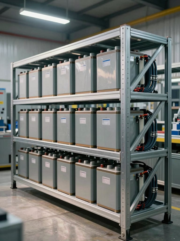 Close-up 45-degree angle of commercial battery storage racks in an industrial facility, rows of lithium cells in steel enclosures with visible bus bars and cable management trays, hard overhead fluorescent lighting casting precise shadows, no people, infrastructure reads as engineered capital asset