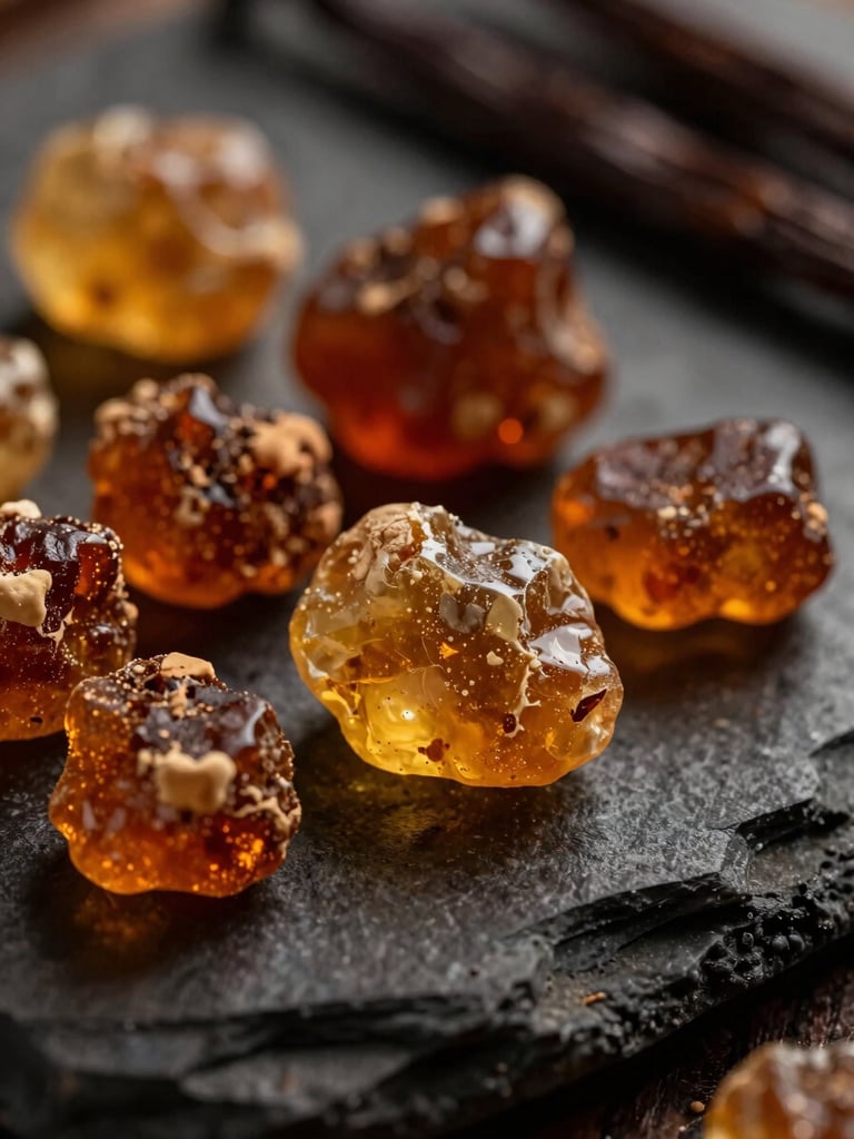 Macro close-up of raw amber resin blocks and vanilla pods resting on dark textured stone, illuminated by dramatic low-key side lighting.