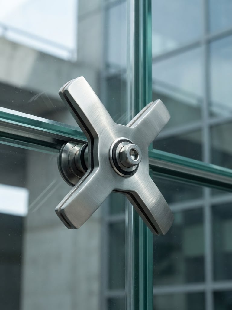 Macro close-up of a brushed stainless steel spider connector holding a thick structural glass panel, cool daylight, sharp shadows, architectural minimalism