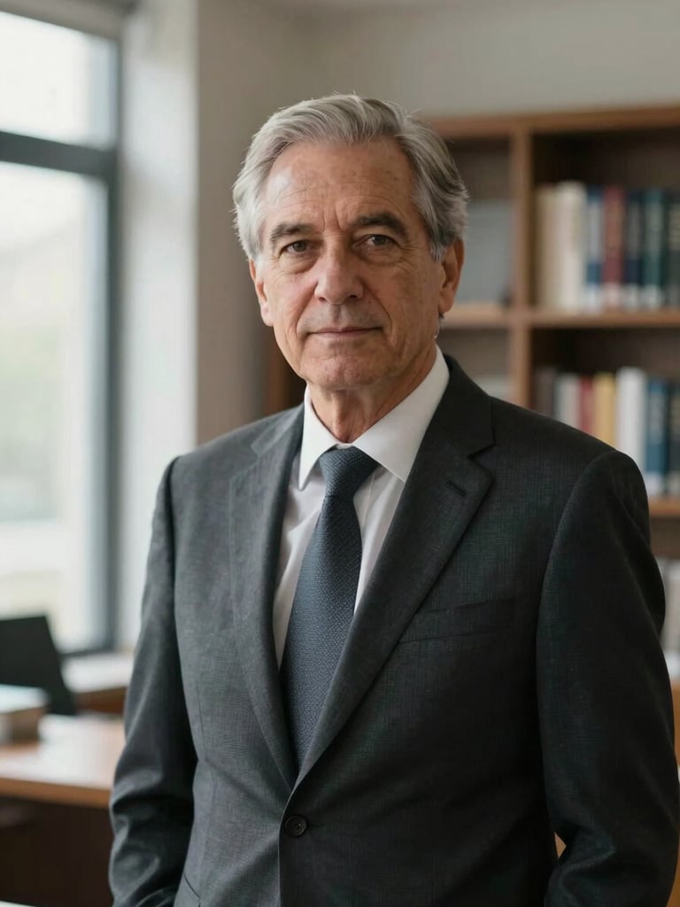 Professional portrait of a senior executive in a composed daylit office, soft natural window light from the left, neutral background of blurred bookshelves, standard corporate portrait distance, calm and authoritative expression