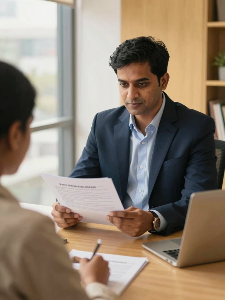 A professional Indian consultant in a modern Bangalore office, reviewing financial insurance documents with a client, soft daylight, warm gold tones, editorial corporate photography style, 35mm