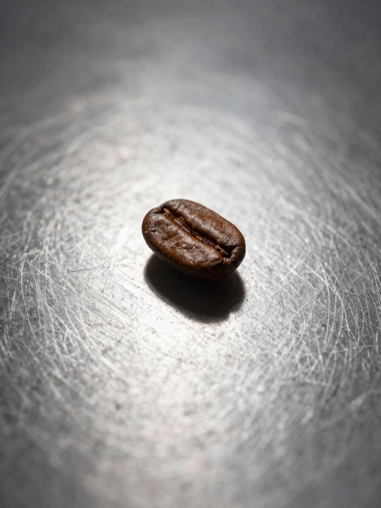 Minimalist product photography of coffee beans on a steel surface, clinical studio light with sharp high-contrast shadows, macro lens