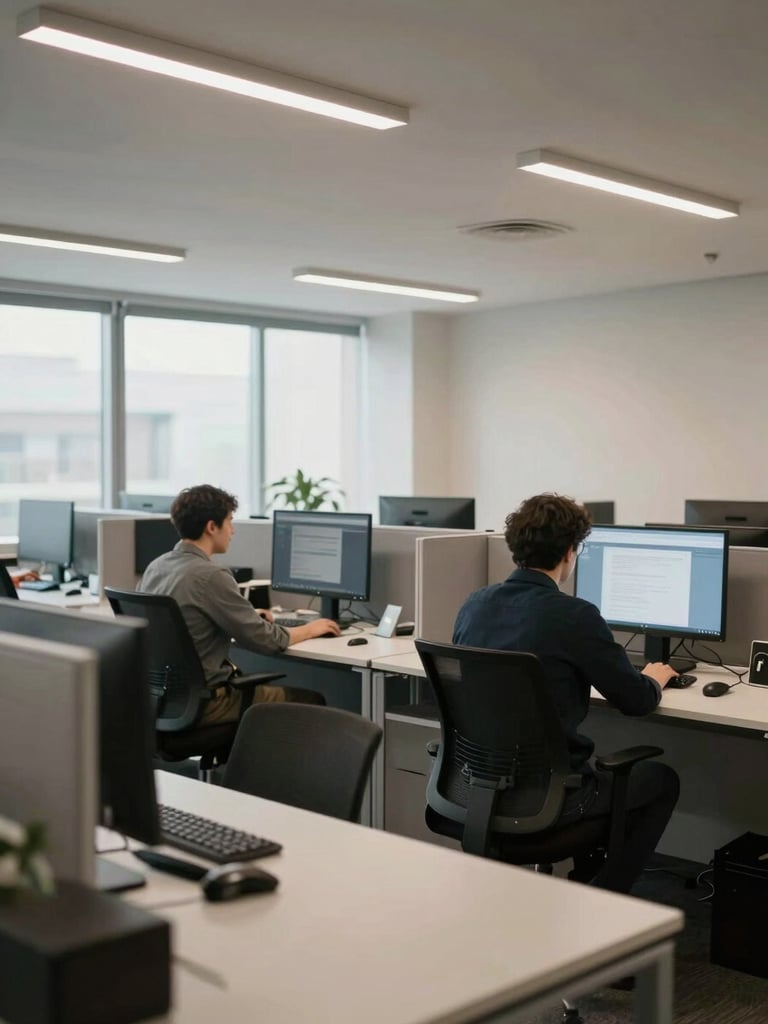 Wide-angle view of a modern open-plan office in soft daylight, two colleagues at adjacent workstations focused on their screens, clean desk surfaces, structured and calm, documentary framing from the side, no eye contact