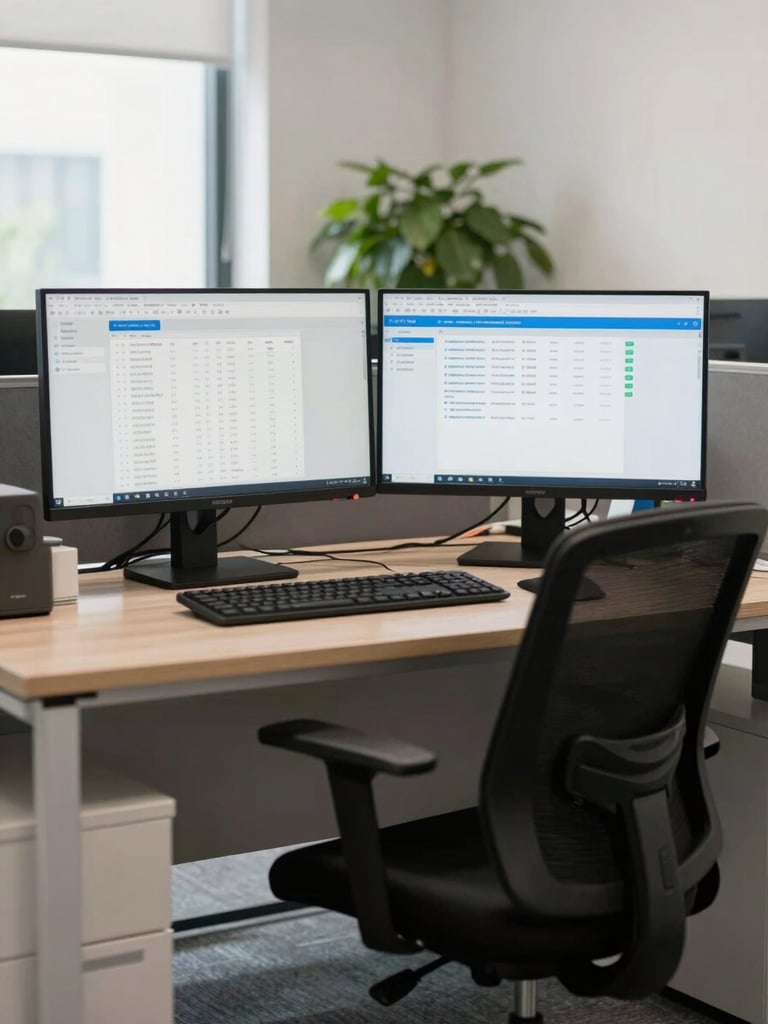 Wide environmental shot, bright natural office light — organized operational workspace, two monitors showing CRM dashboard data, an empty ergonomic chair in the foreground, green plant detail in background corner, calm and structured atmosphere, no people