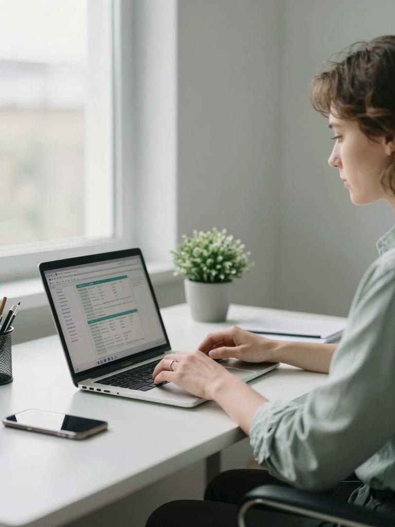 Medium shot, bright north-facing office light — a professional leaning toward a laptop, dashboard charts visible on screen, hands resting on keyboard, organized desk with a small plant, muted sage-green and white tones, documentary-quiet atmosphere
