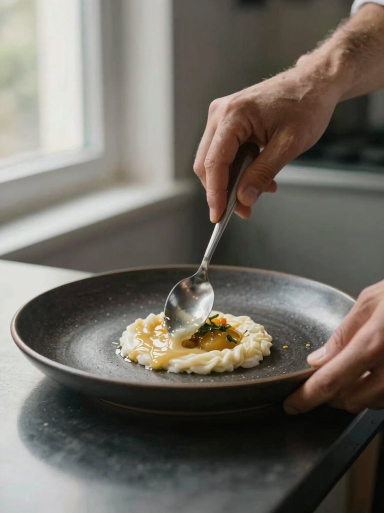 Close-up of hands plating a dish on a dark ceramic plate, a smear of sauce applied with a spoon, soft natural window light from the left, kitchen counter edge visible