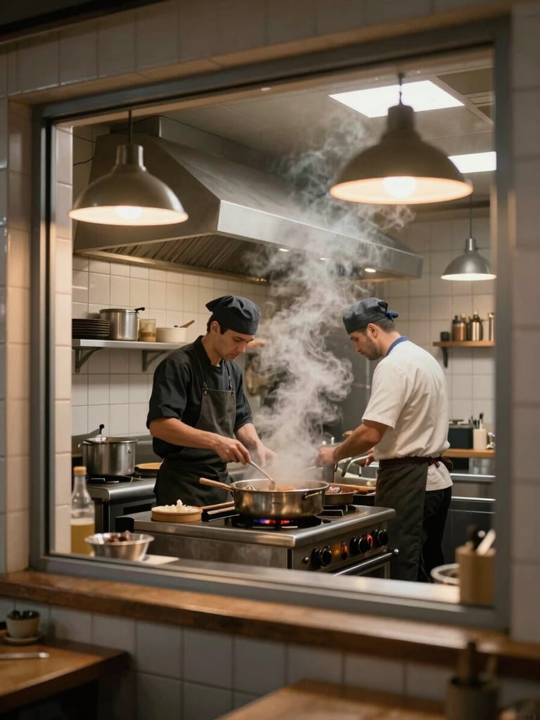 Wide shot of a compact restaurant kitchen interior, two cooks working at the range, steam rising, overhead pendant lights casting warm pools, tiled walls, seen from the pass-through window