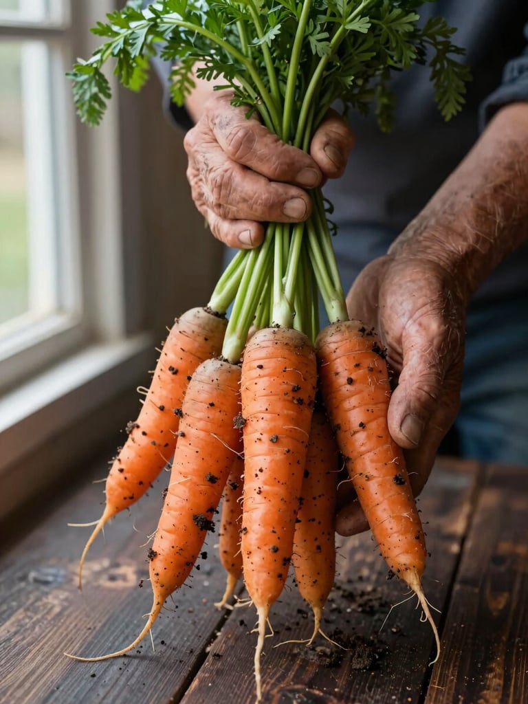 Close-up portrait of a farmer's weathered hands holding a cluster of freshly harvested carrots with soil still clinging to the roots, natural window light from the left casting soft shadows, dark wooden surface beneath