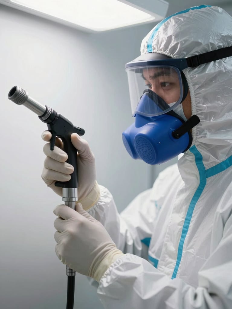 Clinical macro close-up of a pest control technician in a white protective suit and respirator, adjusting a precise chemical nozzle under sterile white light with sharp shadows.