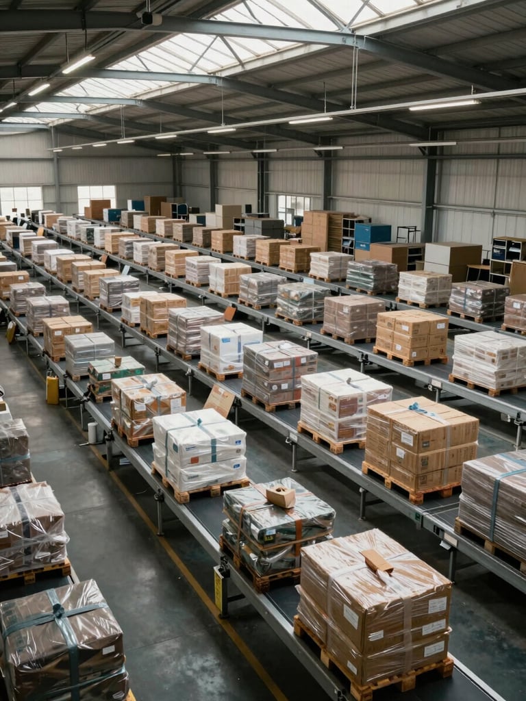 Wide environmental shot of a logistics sorting facility interior, rows of loaded pallets and parcels on conveyors under high bay facility lighting mixed with natural daylight from clerestory windows, no workers visible, emphasizing scale and infrastructure depth