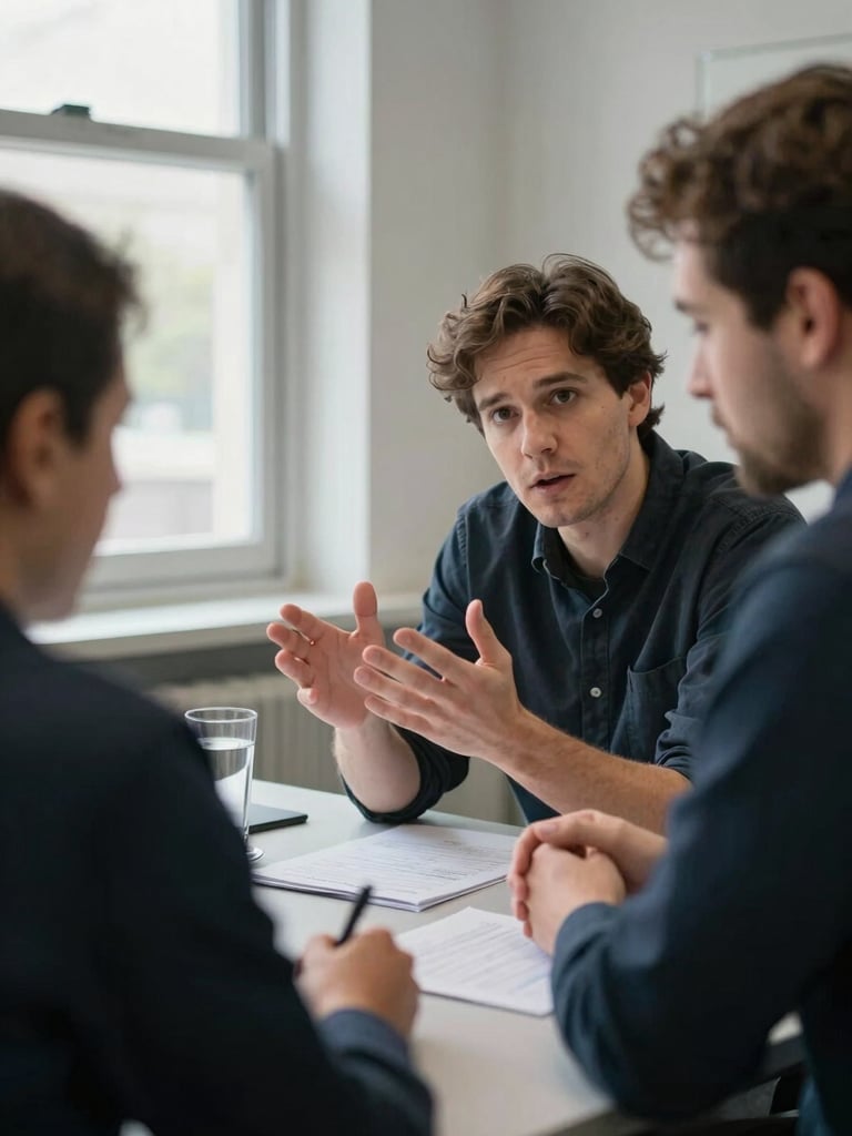 Close-up wide shot of a research room: two people deep in conversation across a table, one mid-gesture with hands, the other leaning forward listening intently, natural north-facing daylight through a window on the left, notes and a glass of water visible on the table, no eye contact with camera, candid and raw