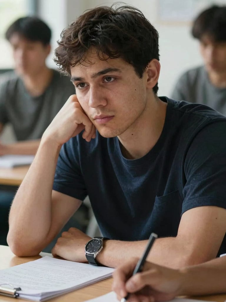 Close-up of a research participant mid-thought during a focus group session, natural north-facing daylight, hands resting on a table with handwritten notes visible, expression candid and concentrated, shallow depth of field, documentary framing