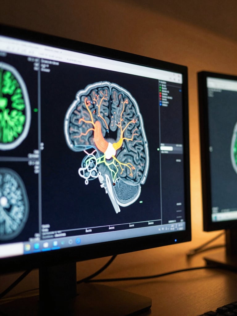 Close-up of a monitor screen in a dimly lit research lab showing colorful brain scan overlays and neural activation maps, cables visible at the edge of the frame, warm amber glow from a secondary screen to the right