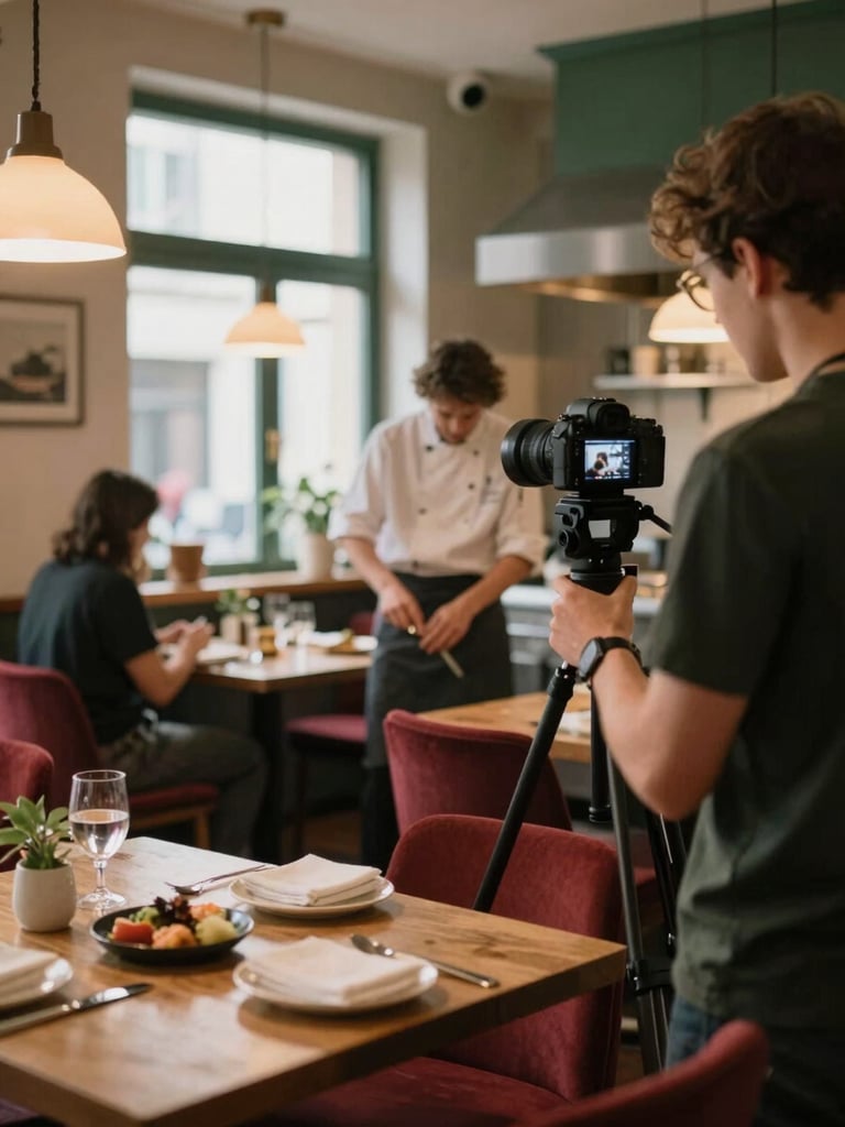 Behind-the-scenes shot of a small marketing team member with a camera on a tripod, capturing a chef in a cozy, Scandinavian-style restaurant kitchen during dinner service, soft warm lighting.