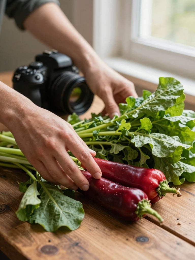 Close-up of hands arranging fresh organic vegetables on a rustic wooden table next to a professional DSLR camera, warm natural window lighting, shallow depth of field, rich crimson and forest green tones