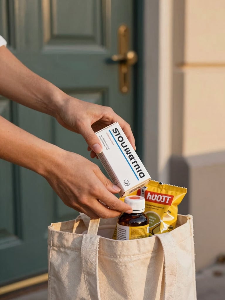 Close-up of a person's hands placing a medicine box and a small grocery bag into a canvas tote on a doorstep, warm golden-hour light from the right, a painted wooden door visible in the background, intimate and unhurried framing