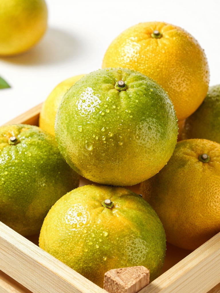 Crisp macro shot of export-grade Valencia oranges stacked in a clean wooden crate, bright high-key commercial photography, natural daylight, sharp focus.