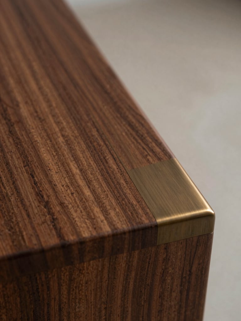 Extreme close-up of rich textured walnut wood grain meeting a brushed bronze inlay, moody directional daylight, shallow depth of field, 35mm