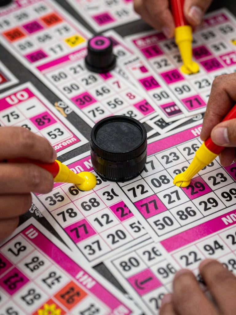 Extreme close-up overhead flatlay of vibrant bingo cards fanned across a table, hot pink and yellow daubers resting on numbered squares, saturated event lighting, hands just visible at the edges mid-game, high energy