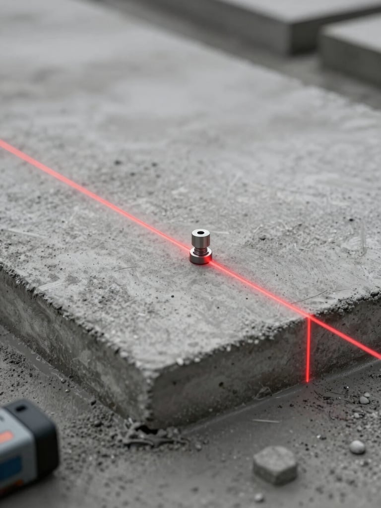 Macro detail of a precision laser level casting a sharp red line across a freshly poured concrete slab, high-contrast overcast site lighting, geometric framing.