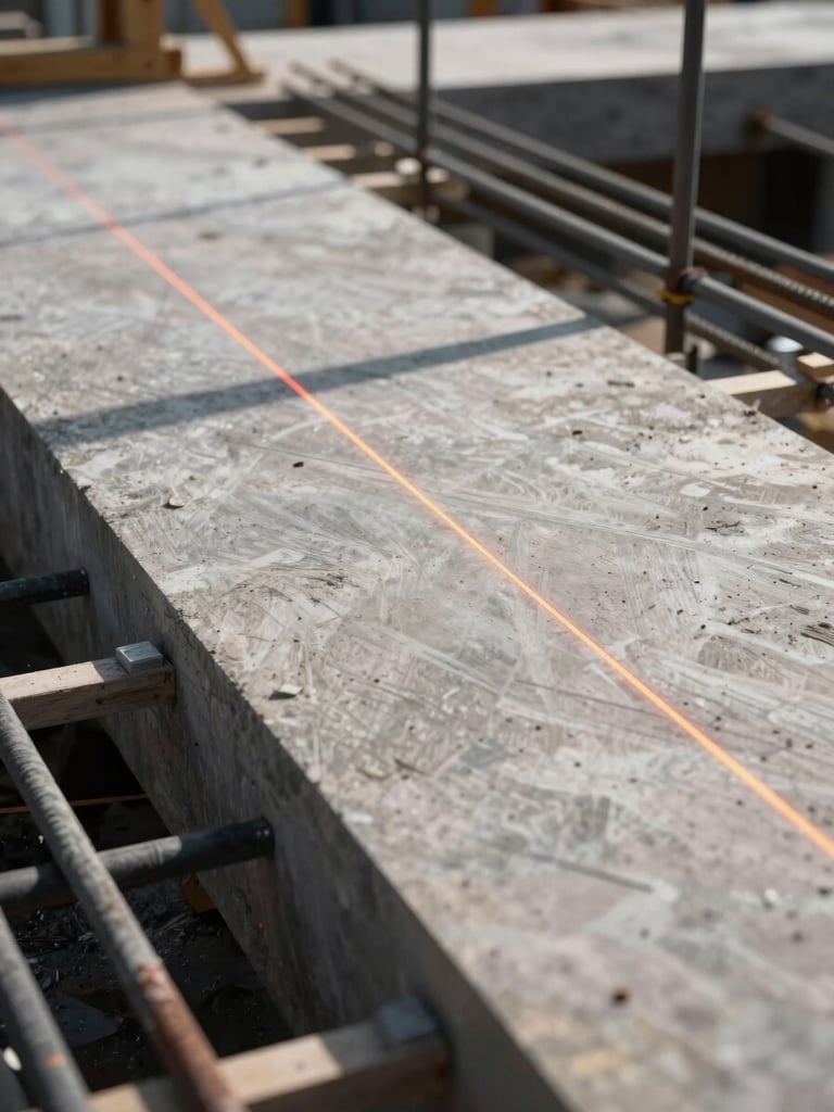 Zbliżenie na precyzyjnie powiązane pręty zbrojeniowe na budowie, widoczna czerwona linia lasera poziomicy, surowy beton w tle, ostre dzienne światło, geometryczny kadr.