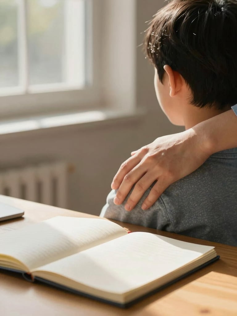 Close-up of a care worker's hand resting gently on a child's shoulder at a wooden table, warm afternoon window light, a notebook open in the foreground, calm residential interior visible softly out of focus behind