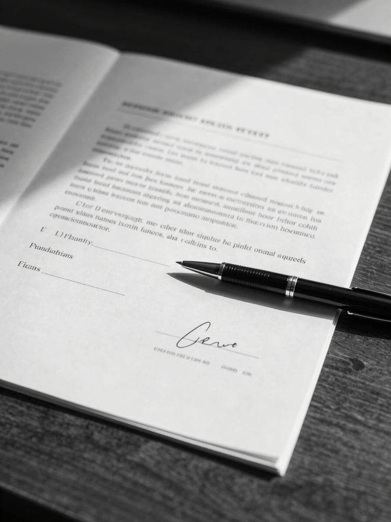 Close-up overhead view of a legal desk, signed contract pages spread across dark wood surface, a pen resting on a signature line, institutional fluorescent lighting casting sharp shadows, high contrast monochrome mood
