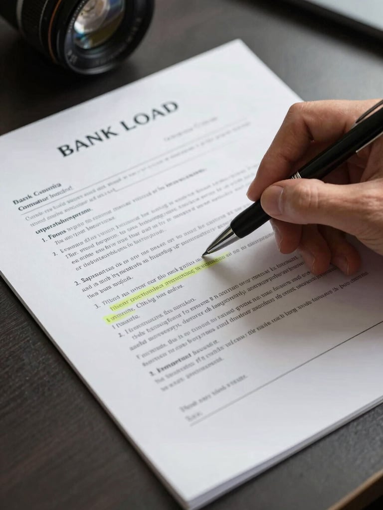 Close-up overhead shot of a bank loan contract on a dark desk, a hand with a pen pointing at a highlighted clause, institutional fluorescent light, high contrast, no faces visible