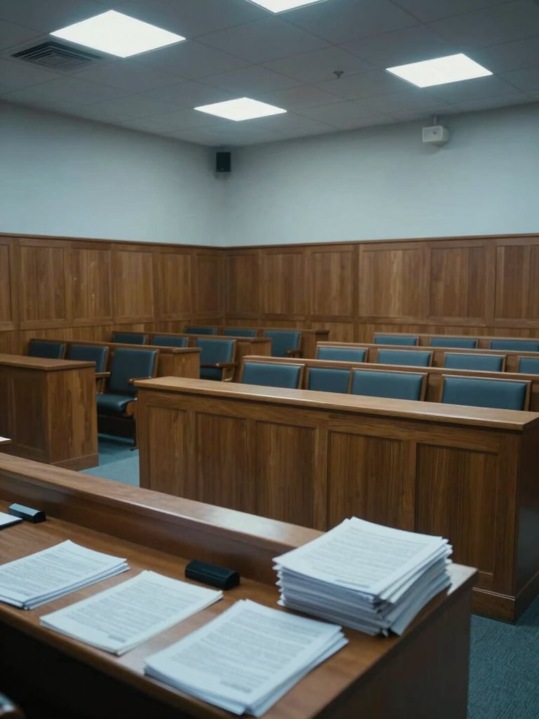 Wide shot of an empty courtroom interior with wood paneling and institutional lighting, rows of empty benches, documents stacked on the front table, cool blue-grey ambient light, no people