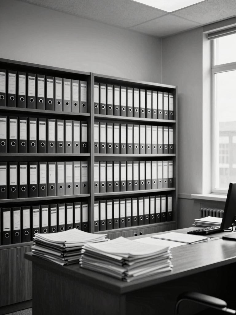 Wide shot of an organized legal office interior, rows of labeled document binders on shelves, a desk with stacked legal briefs under cold window daylight, high contrast black and white institutional mood, no people