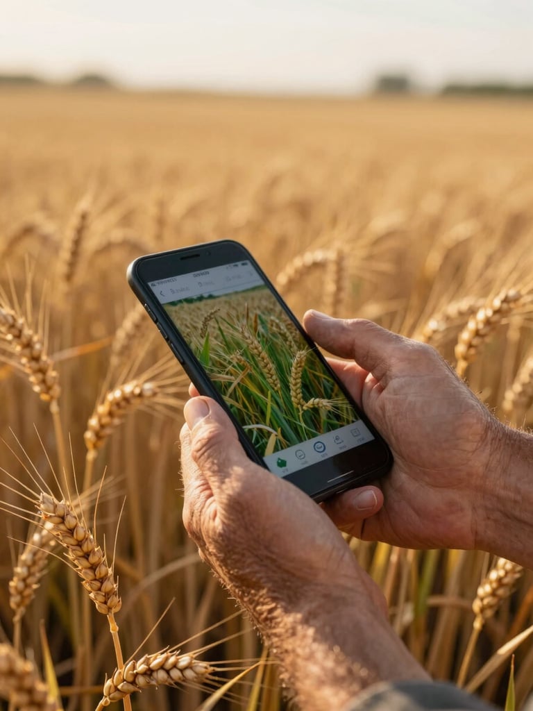 Close-up medium shot, agronomist's weathered hand holding an Android phone in a sunlit wheat field, screen showing crop data mid-use, golden morning light raking across the grain stalks, soil visible in foreground