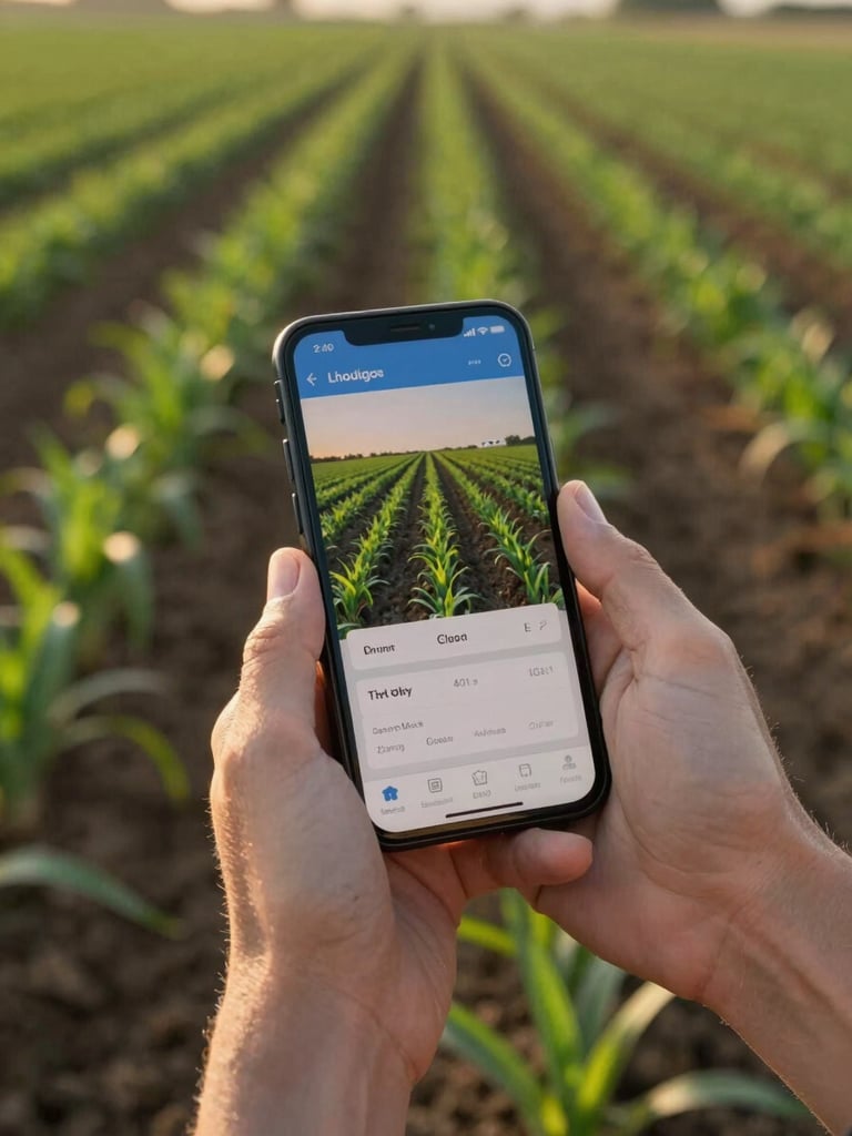 Hands holding a mobile device displaying crop data, mid-field during golden hour, soil and green rows visible in soft focus beyond the screen, natural daylight showing the app interface in actual working context.